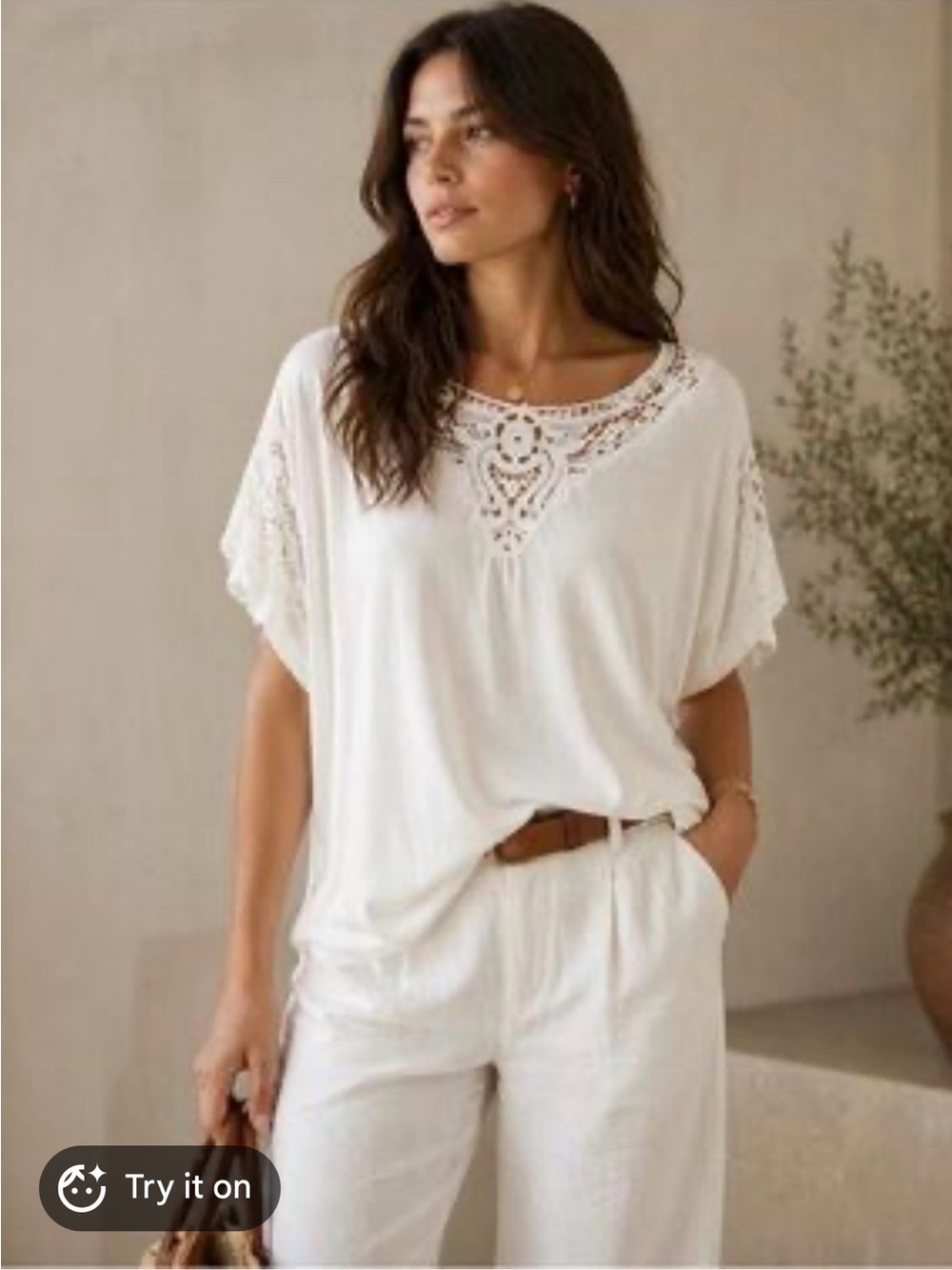 Women's White Crochet Trim Tee
